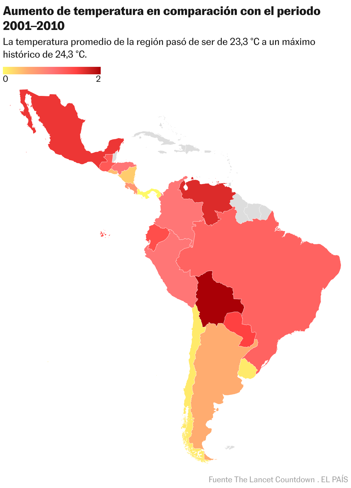 Aumento de temperatura en comparación 
con el periodo 2001–2010 (Mapa coroplético)