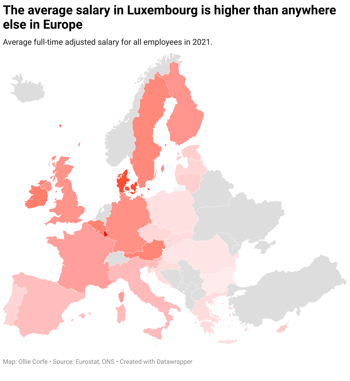 Map of Europe coloured by average salaries.