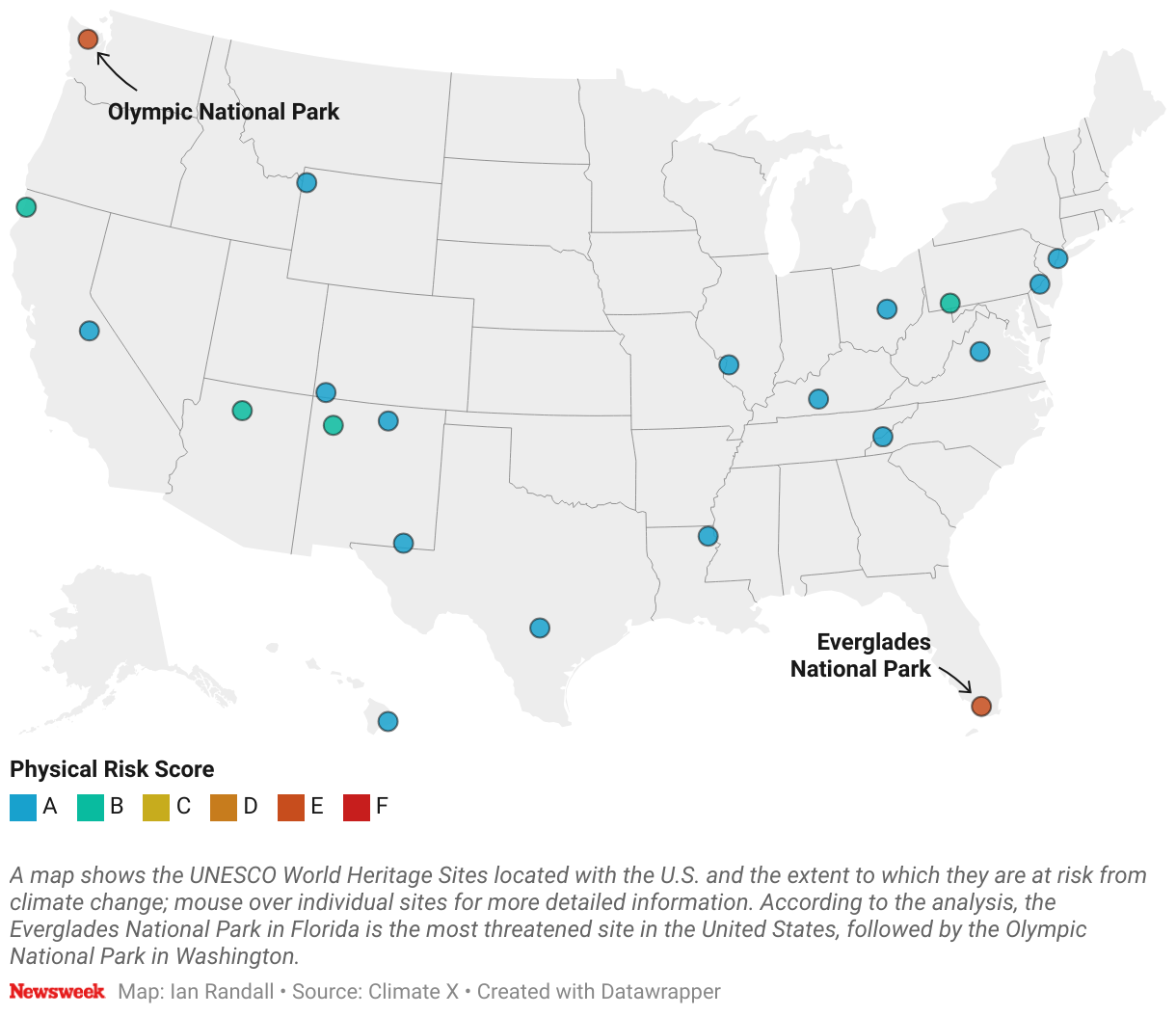 A map shows the UNESCO World Heritage Sites located with the U.S. and the extent to which they are at risk from climate change.