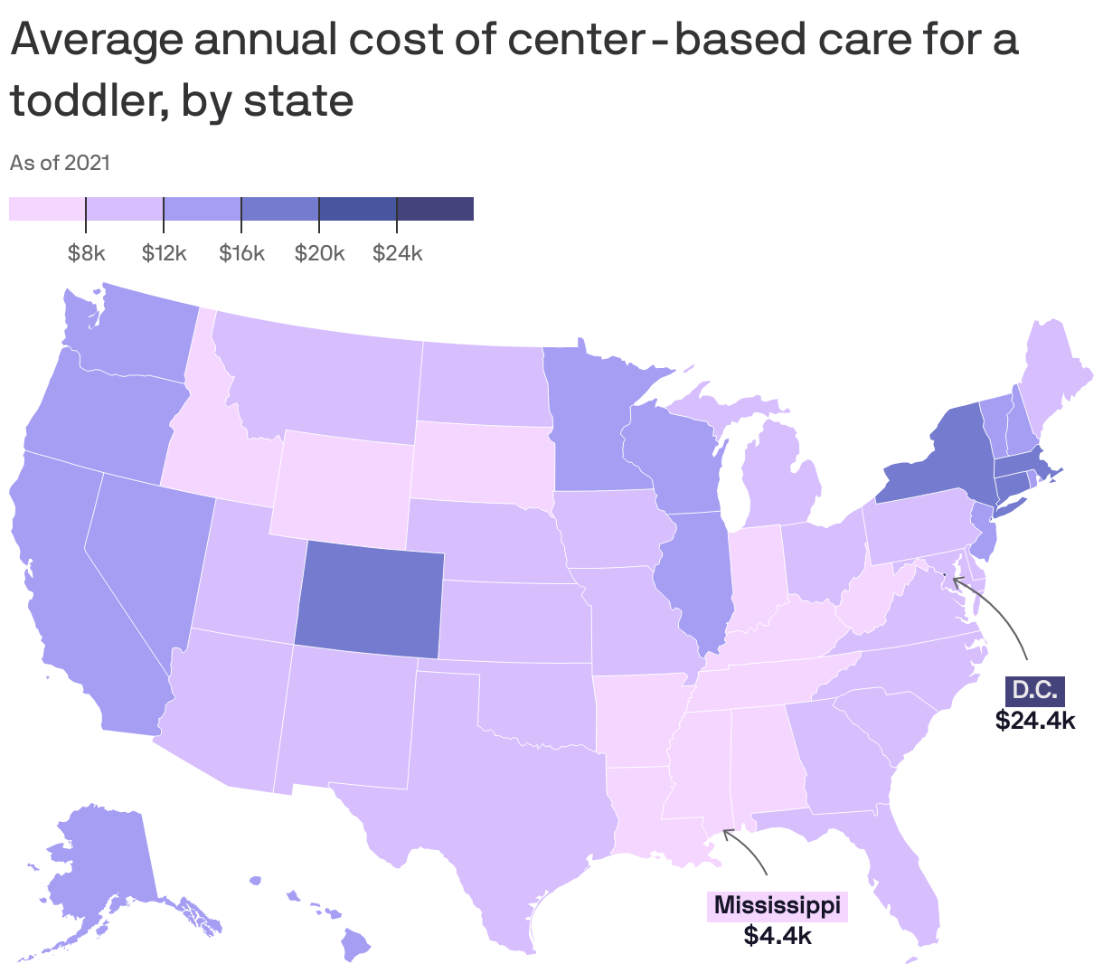 Average annual cost of center-based care for a toddler, by state
