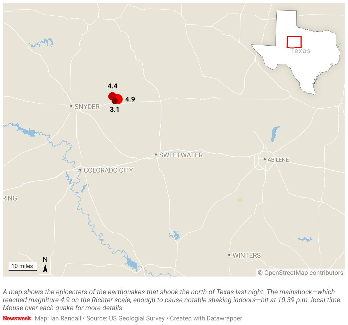 A map shows the epicenters of the earthquakes that shook the north of Texas last night.