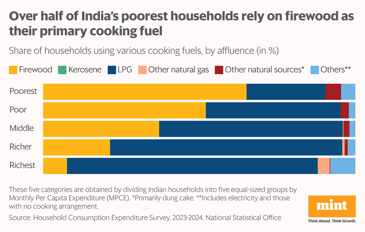 A stacked bar chart showing the share of households by primary cooking fuel, across income groups.