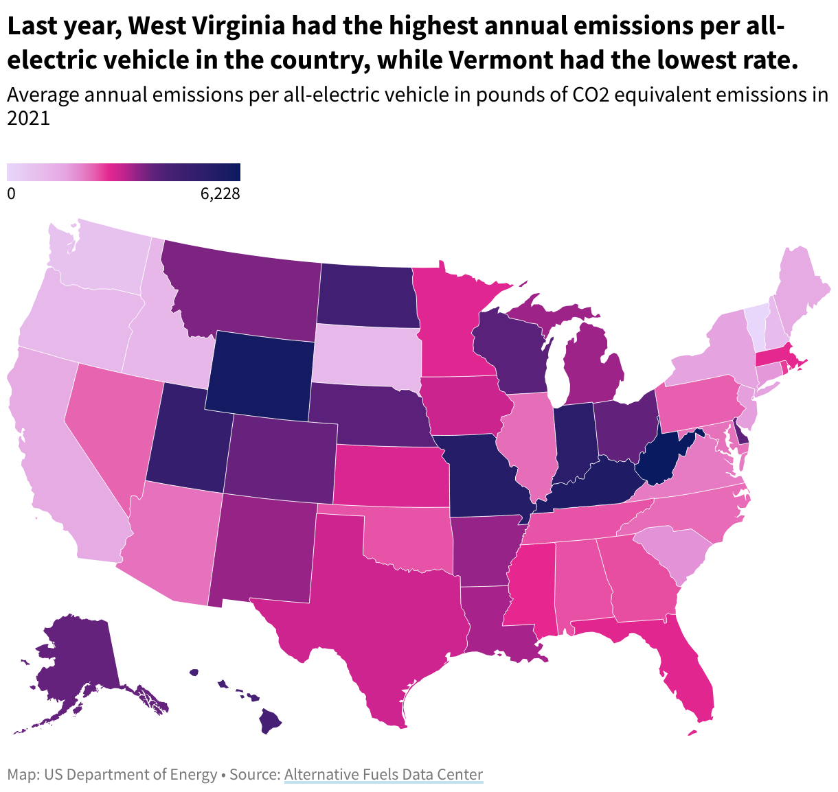 A state map showing average annual emissions per all-electric vehicle in pounds of CO2 equivalent emissions.