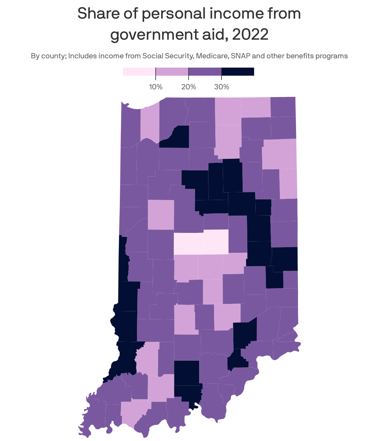 Choropleth map of U.S. counties showing the share of total personal income coming from government aid in 2022. Overall, counties in the Southern U.S., as well as rural counties, had a higher reliance on benefits programs like Social Security and Medicare compared to counties in the Northeast and Rust Belt. West Virginia counties had the highest average share, at 25.4%, while Connecticut had the lowest, at 12%. Indiana had an average of 16%.