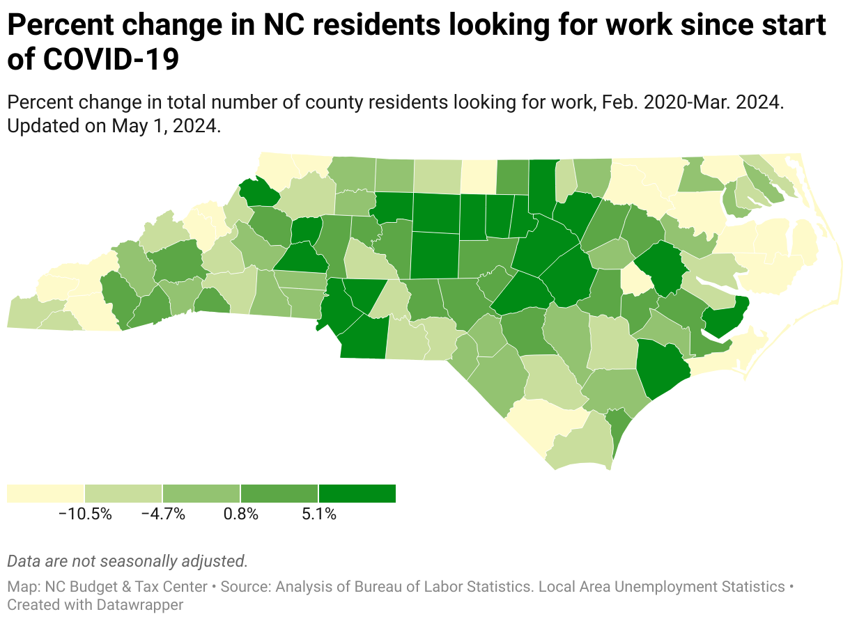 Map showing the percent change in NC residents looking for work since the start of COVID-19