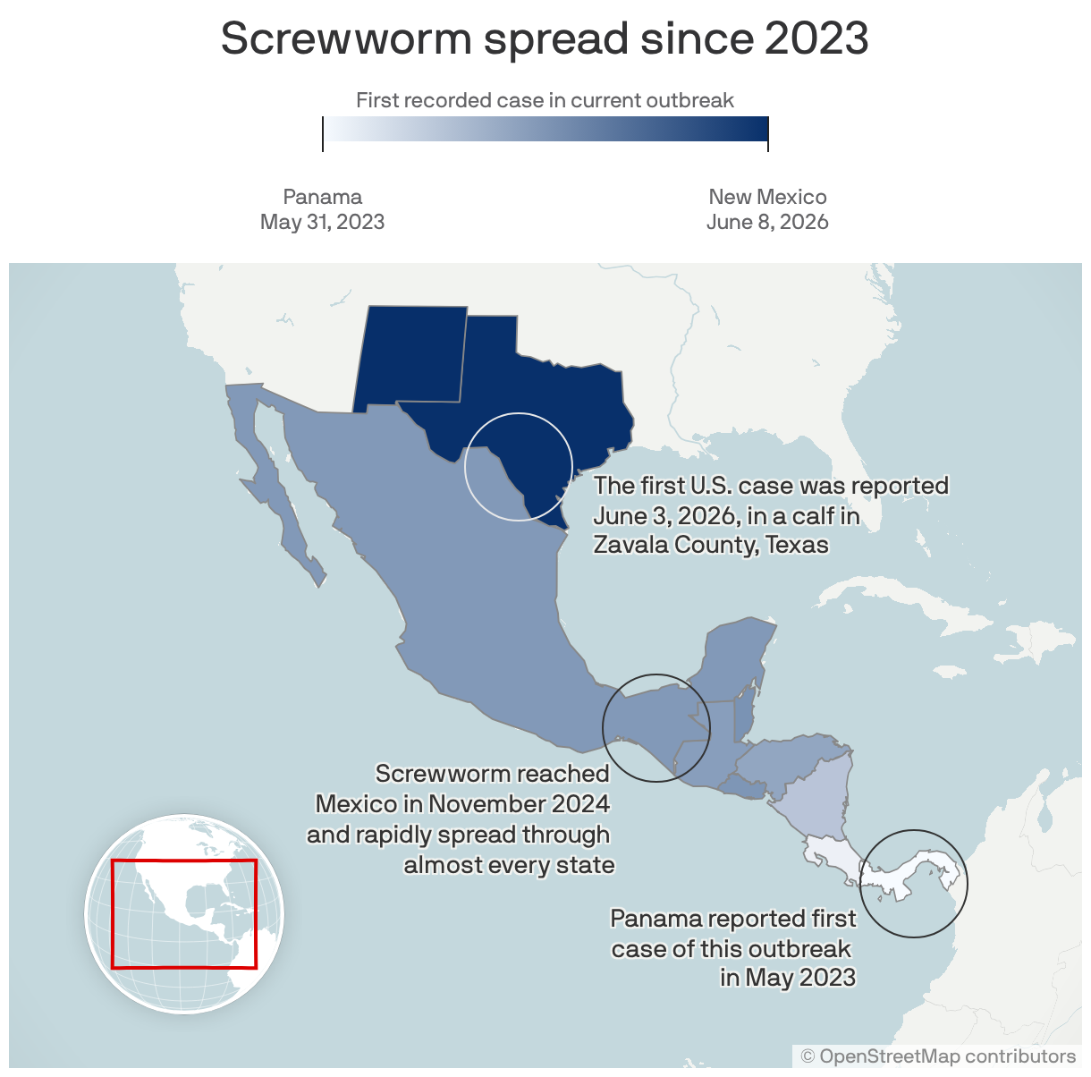 A map showing the spread of screwworm since 2023. The first recorded case of this outbreak was in Panama on May 31, 2023. The outbreak spread to the U.S., with the first case reported in Zavala County, Texas, on June 3, 2026. The map highlights affected areas, including Mexico and all of Central America.