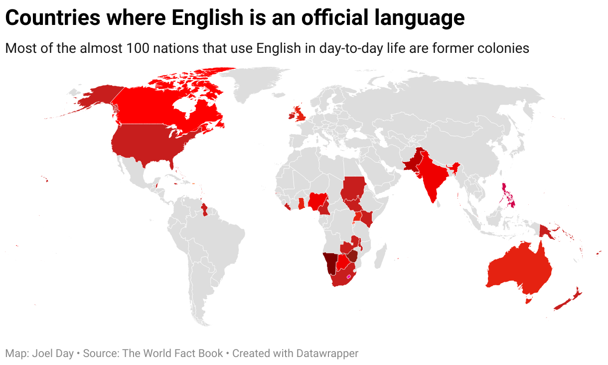 The map shows all the countries around the world that use English as an official language. 