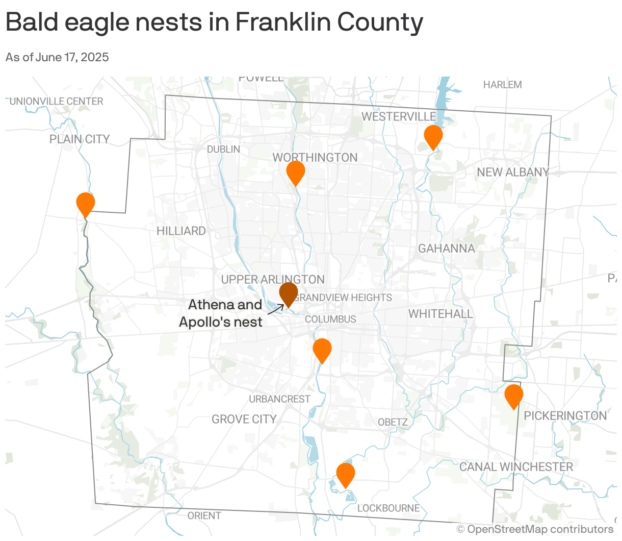 A map showing seven bald eagle nests in Franklin County. Most are on waterways, including Athena and Apollo's nest in Grandview.
