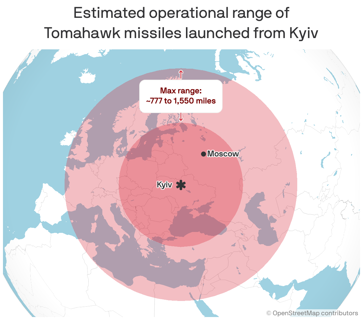 A map showing the estimated operational range of Tomahawk missiles when launched from Kyiv, Ukraine. The long-range missile may travel between 777 and 1,550 miles, far enough to reach Moscow.