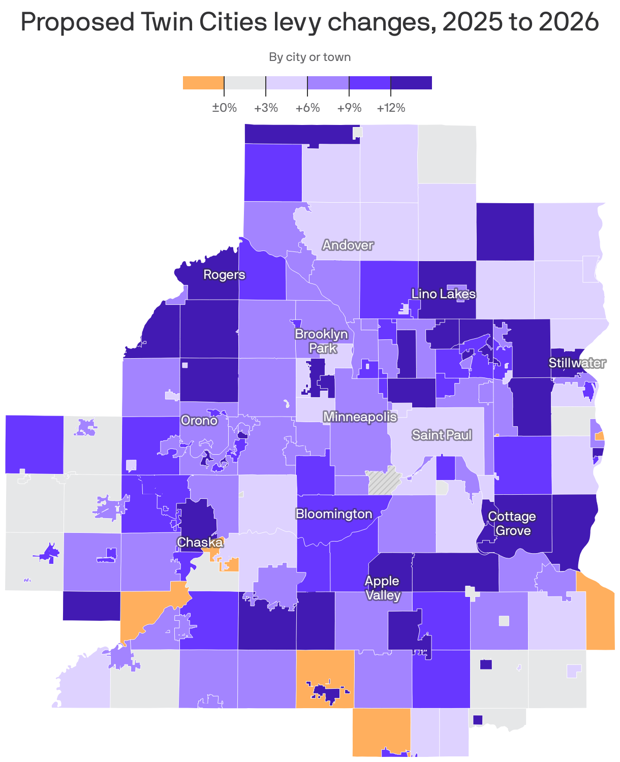 A chloropleth map of the Twin Cities metro area showing projected property tax increases in cities and towns. Darker-green shaded suburbs proposing larger property tax increases of 10-15% include Cottage Grove, Lino Lakes, Rosemount and Rogers. Minneapolis is proposing an 8.1% levy increase, and St. Paul is proposing a 5.3% increase. A smaller number of communities are proposing decreases in their levy, including New Market Township (-11.1%).