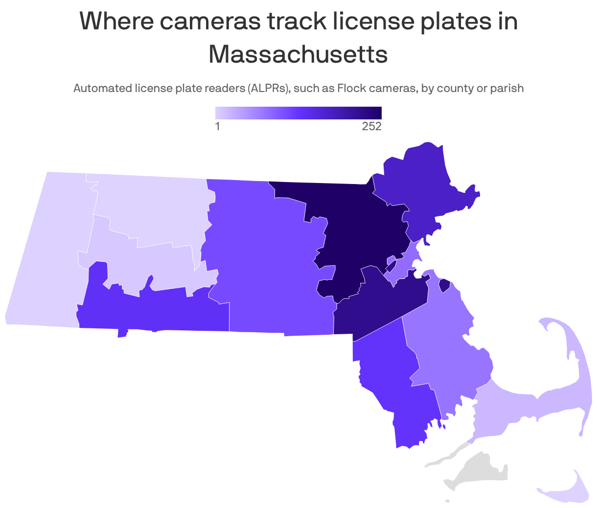 A map showing in the number of ALPR cameras in each county in the state. Darker shades represent more cameras, lighter shades represent fewer, and gray means there have been no cameras reported in that county.