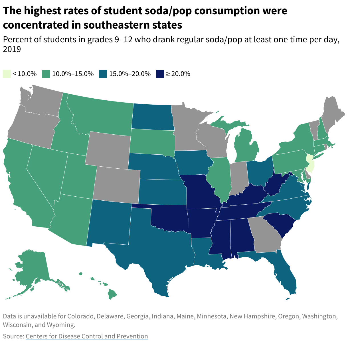 US map showing the percent of students in grades 9–12 who drank regular soda/pop at least one time per day in 2019. The highest rates of student soda/pop consumption were concentrated in southeastern states.