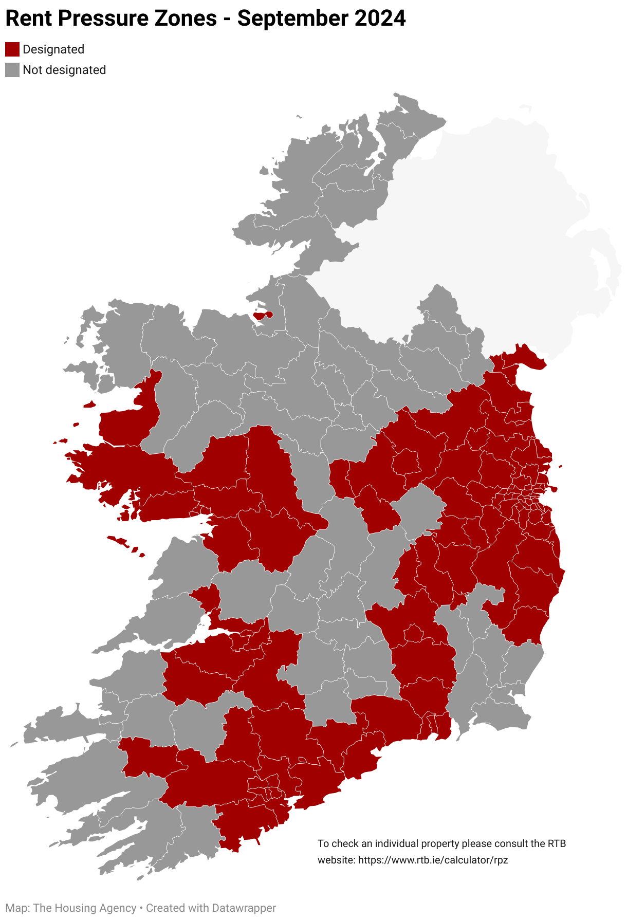 Map of Local Electoral Areas in Ireland showing which are designated as a Rent Pressure Zone in red and those which are not in grey. 