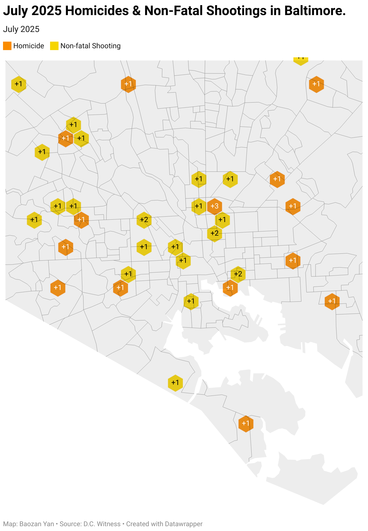July 2025 Homicides &amp; Non-Fatal Shootings in Baltimore. (Symbol map)