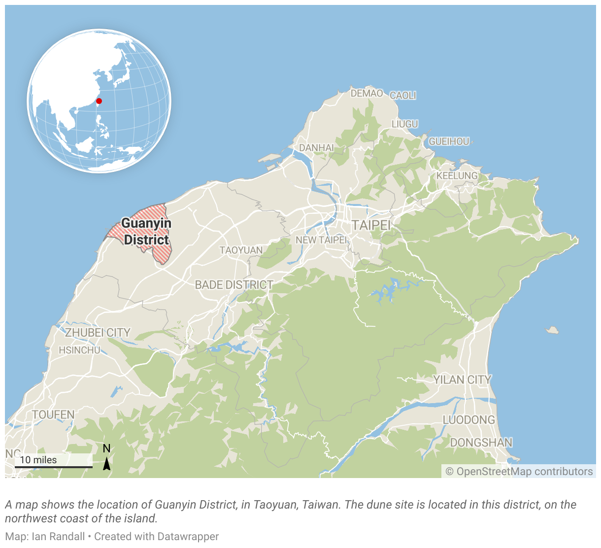A map shows the location of Guanyin District, in western Taoyuan, Taiwan.