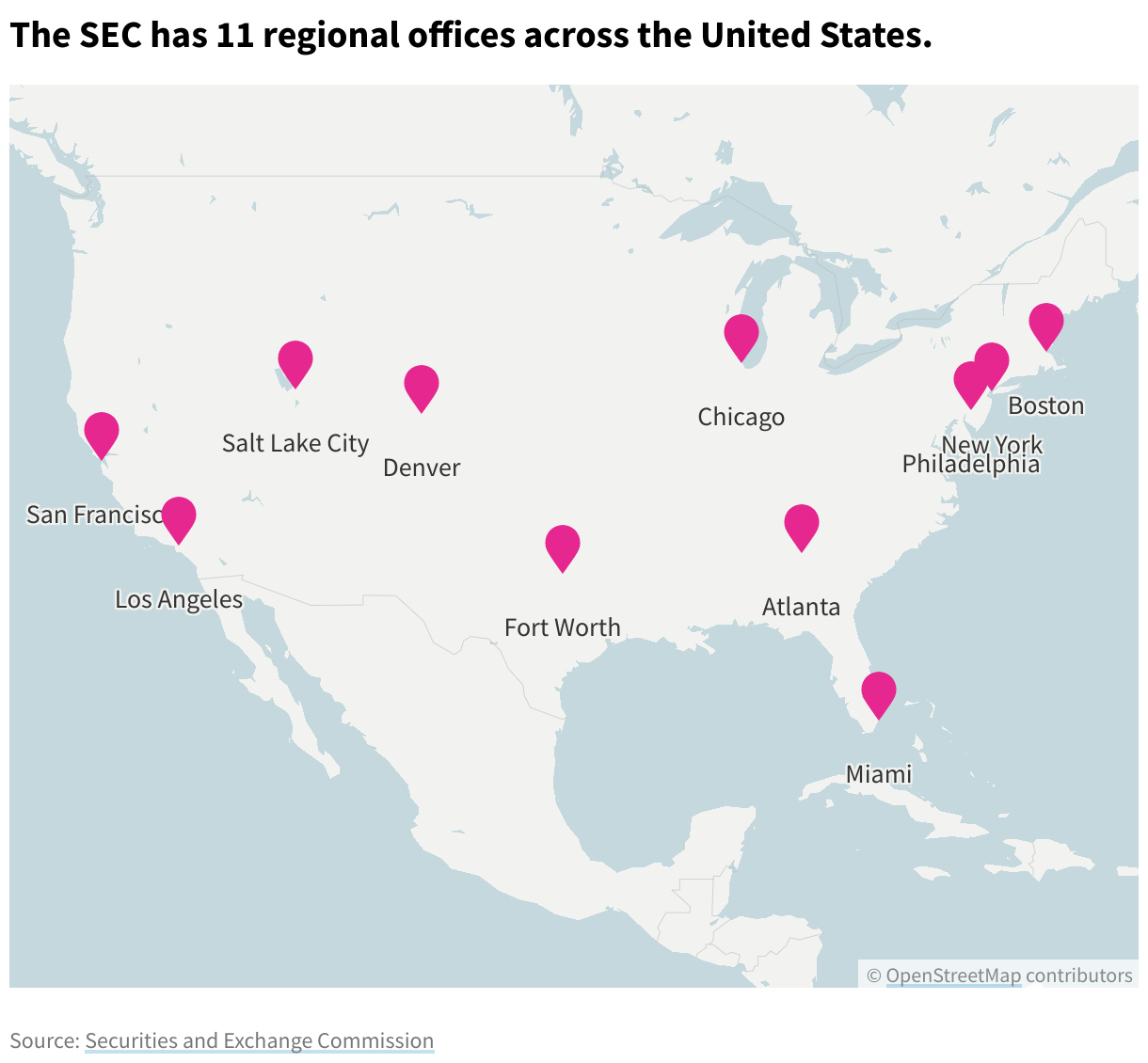 A map showing the 11 regional offices of the Securities and Exchange Commission. 