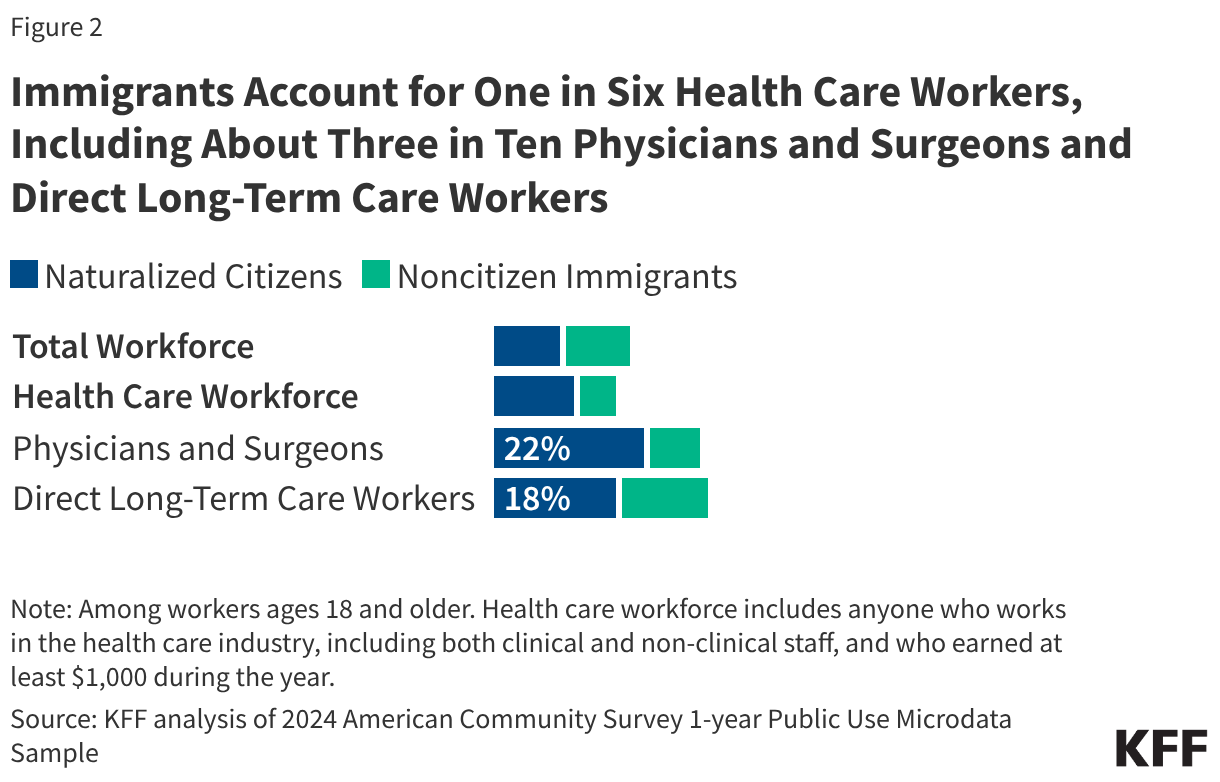 Immigrants Account for One in Six Health Care Workers, Including About Three in Ten Physicians and Surgeons and Direct Long-Term Care Workers (Stacked Bars)