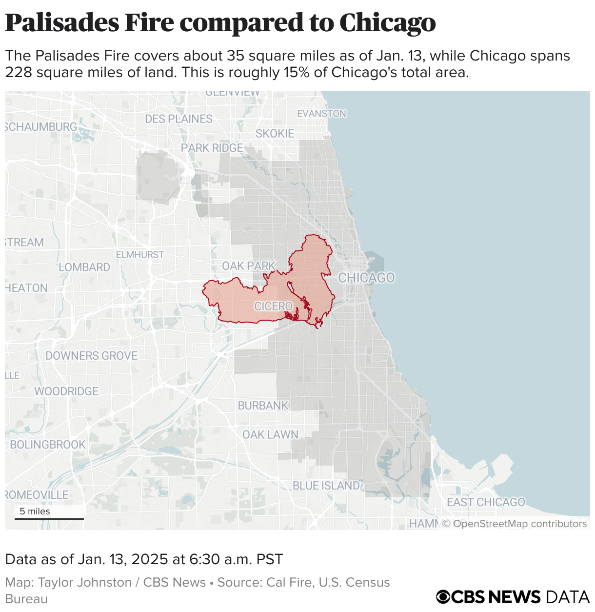 Perimeter of the Palisades Fire placed on the city of Chicago.