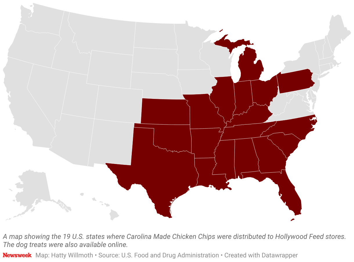 A map showing the states where Carolina Made Chicken Chips were distributed to Hollywood Feed stores. The dog treats were also available online.