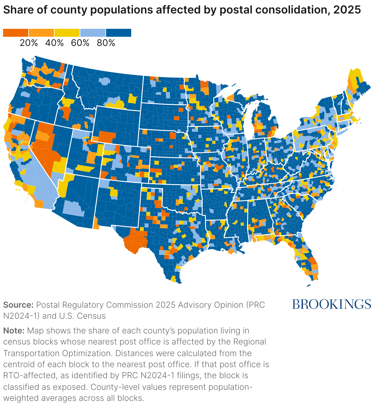 Share of county populations affected by postal consolidation, 2025 (Choropleth map)