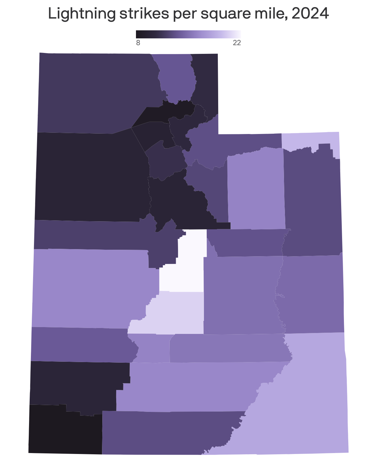 A map showing lightning strikes per square mile in 2024.
