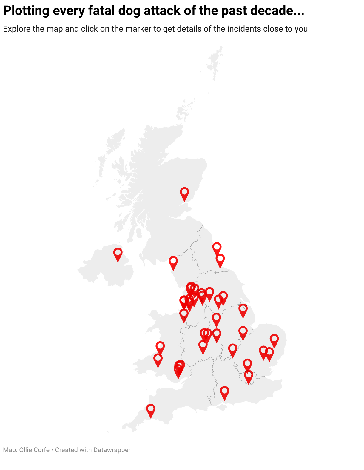 Map of fatal dog attacks in the UK.