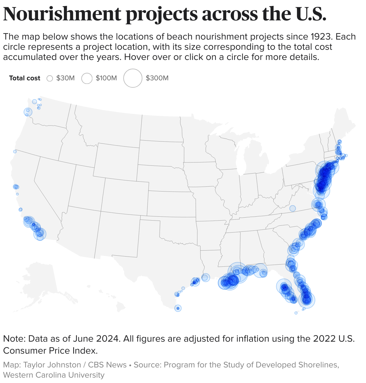 Map showing total project costs of beach nourishment projects across the U.S.