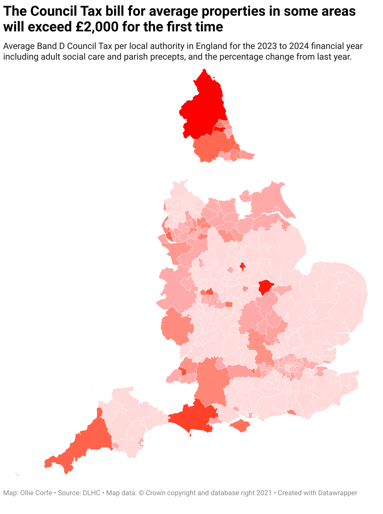 Map of Council Tax rates in England.