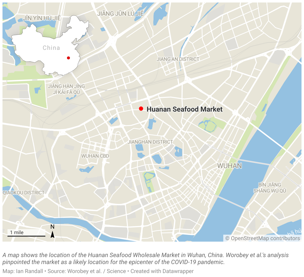 A map shows the location of the Huanan Seafood Wholesale Market in Wuhan, China.