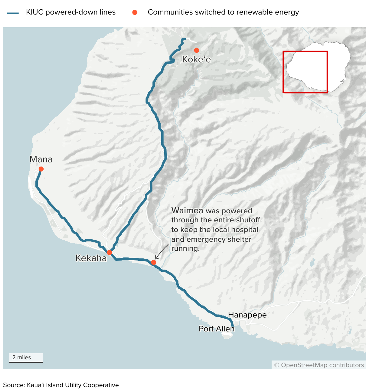 Map of west-side of Kauai where KIUC initiated transmission line power-down.