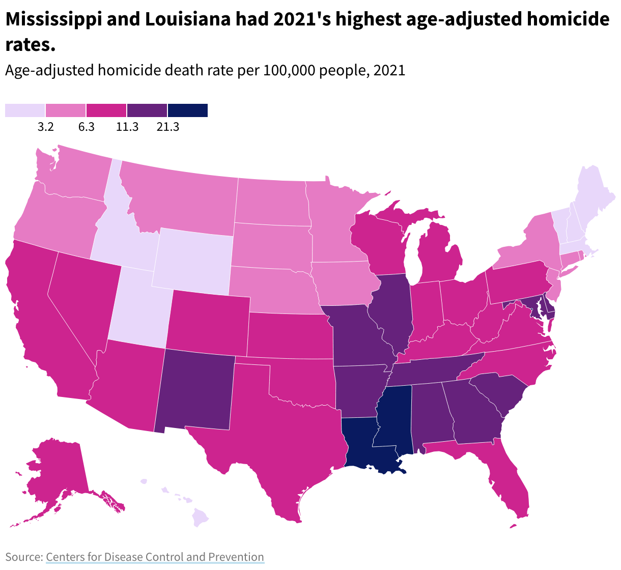 US Map showing the homicide rate by state in 2021. 