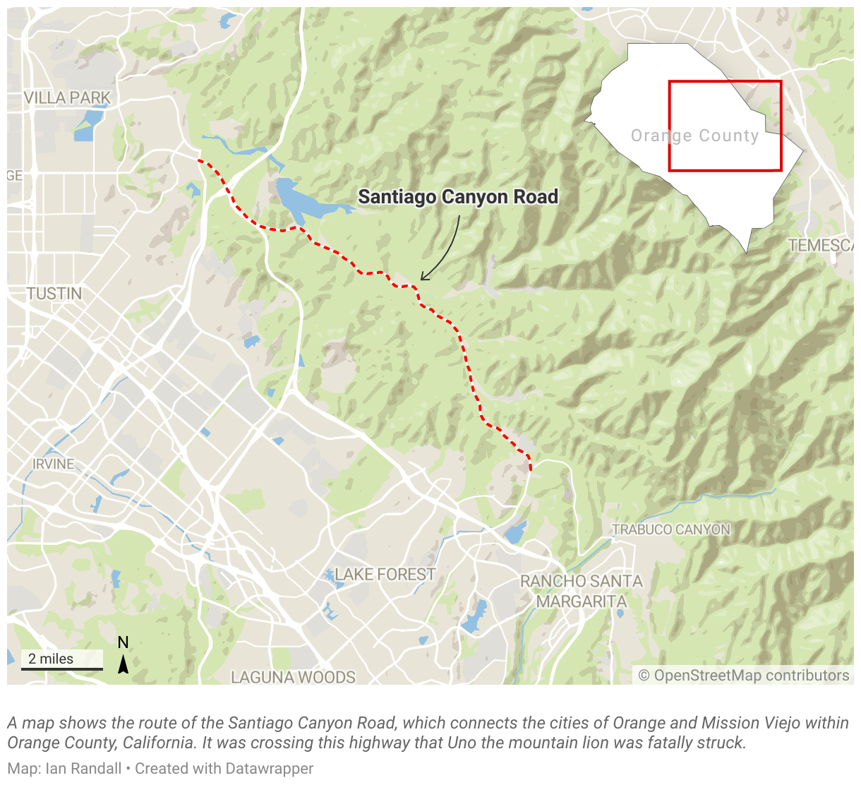 A map shows the route of the Santiago Canyon Road, which connects the cities of Orange and Mission Viejo within Orange County, California.