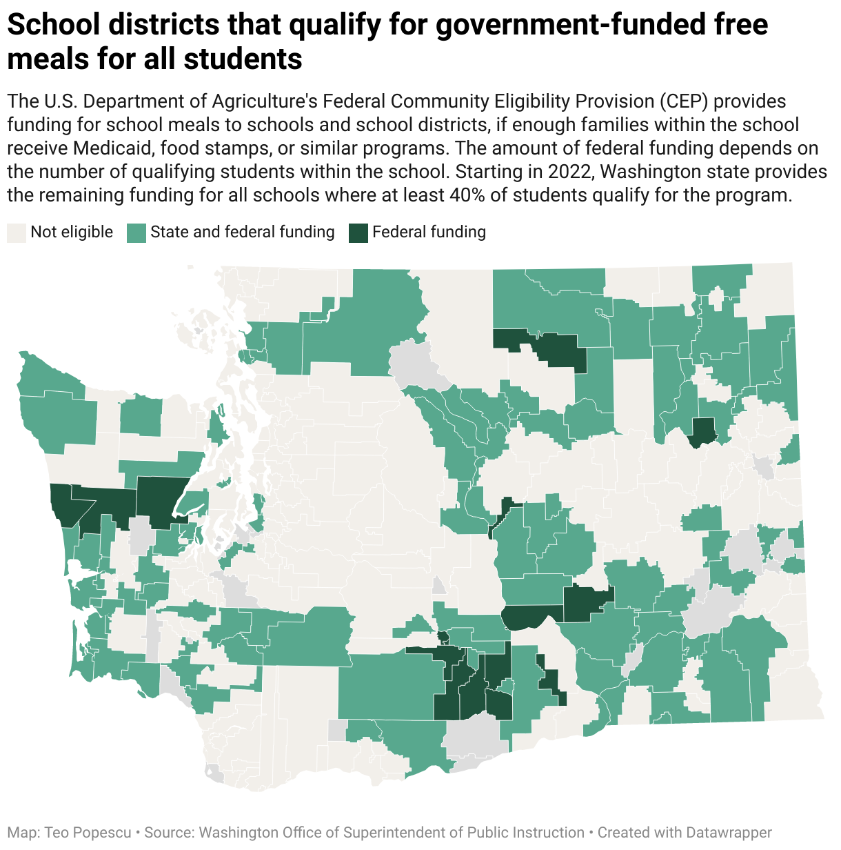 A map highlighting the school districts that qualify for the Community Eligibility Provision, by funding amount.