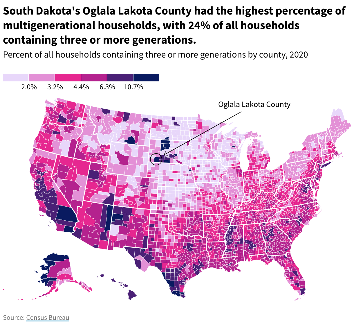Map showing percent of all households containing three or more generations, by county, in 2020. Five of the top ten counties with the largest share of multigenerational households were in South Dakota. 