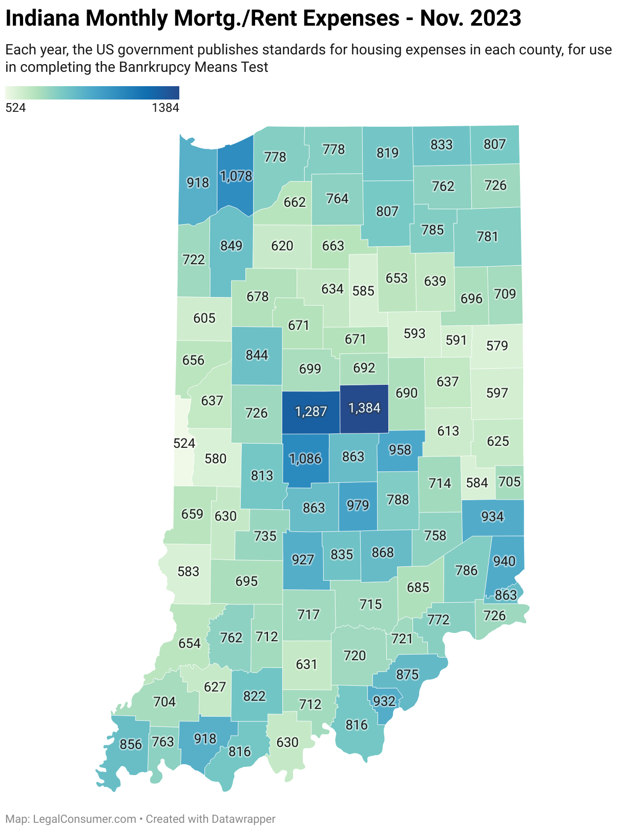 Map of Indiana Housing Expenses for Bankruptcy Means Test