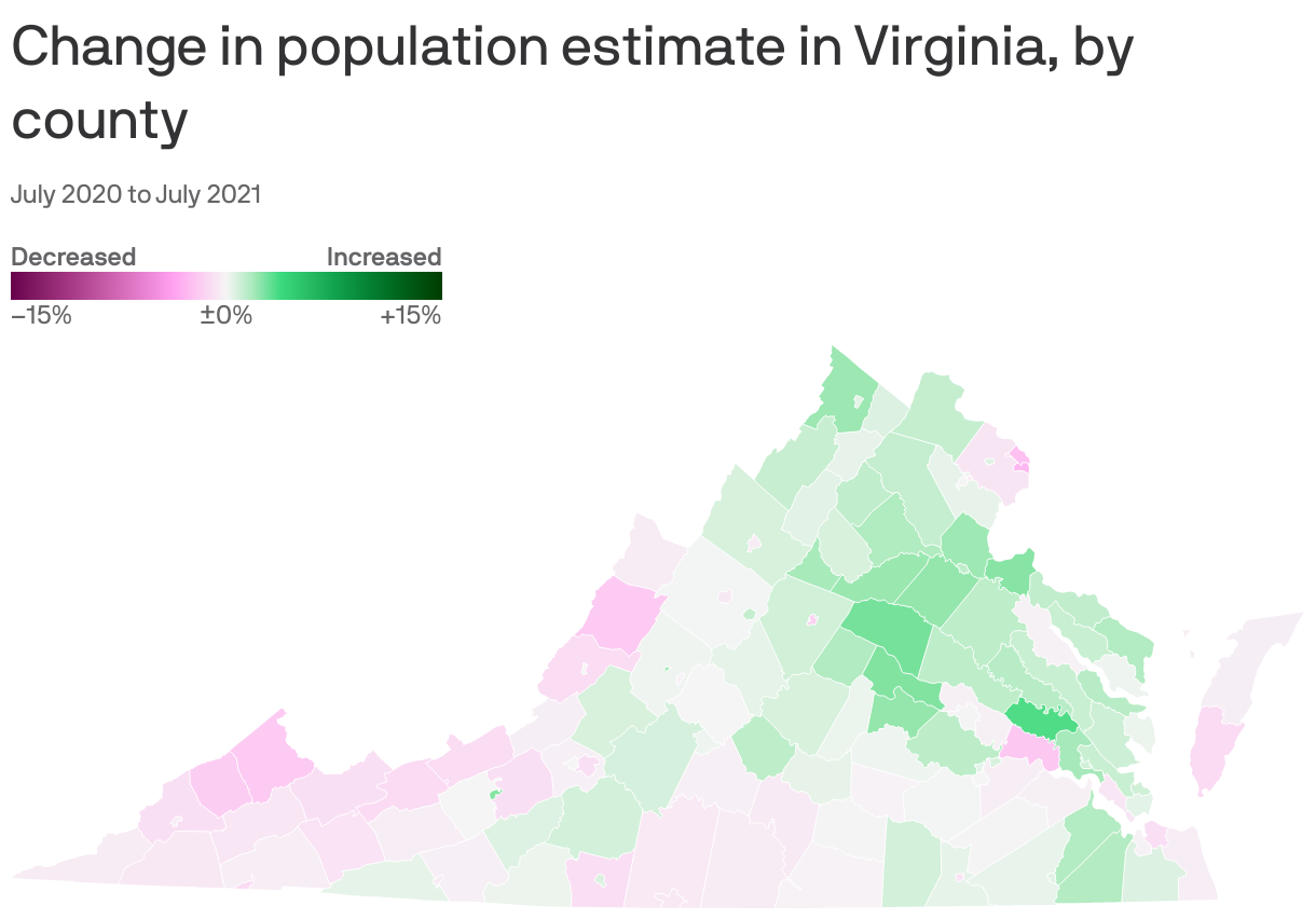 Change in population estimate in Virginia, by county