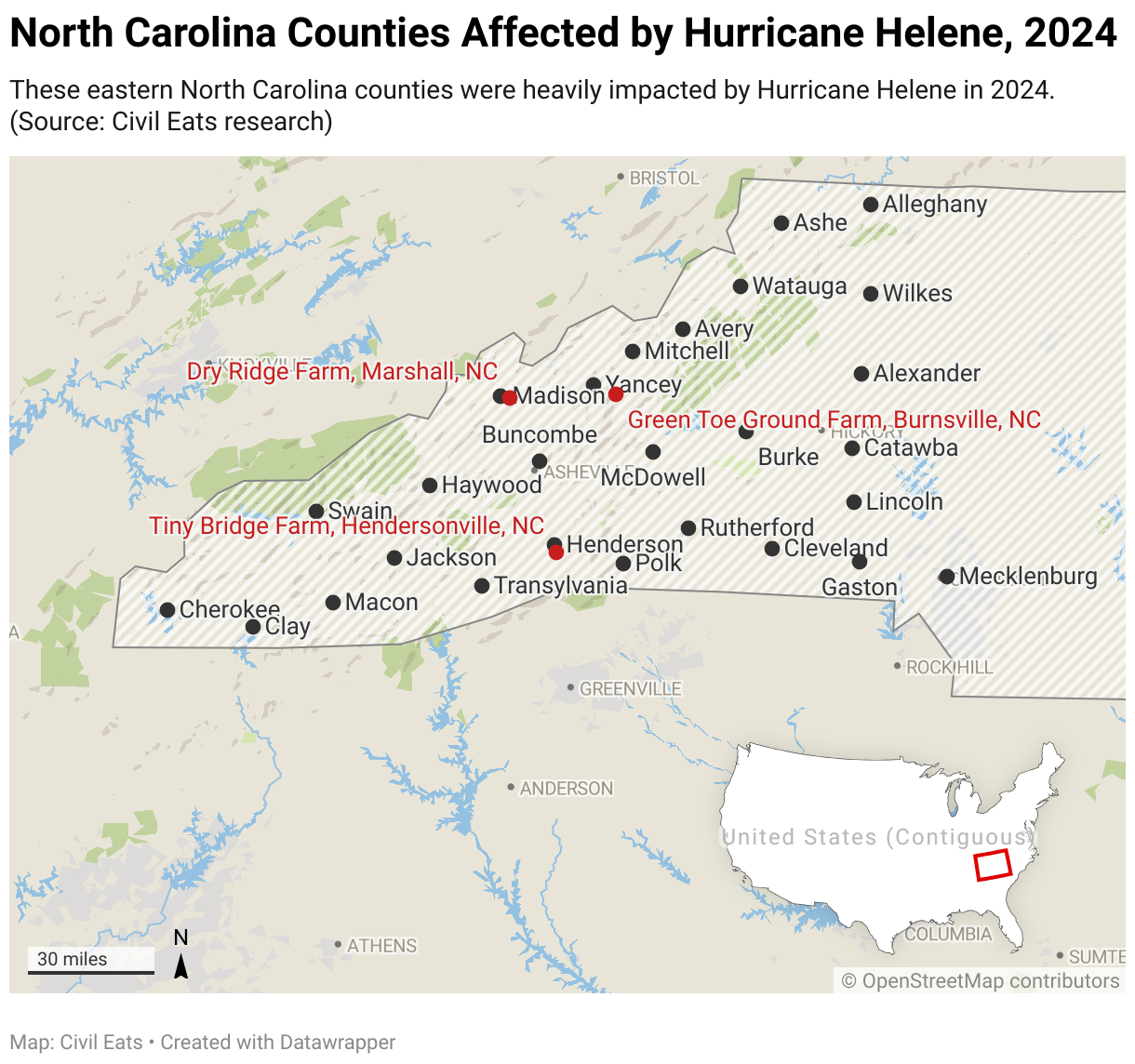 These eastern North Carolina counties were heavily impacted by Hurricane Helene in 2024. The map shows more than a dozen counties in eastern North Carolina, plus two farms included in the article, that were affected by the rains and flooding from the hurricane. (Source: Civil Eats research)