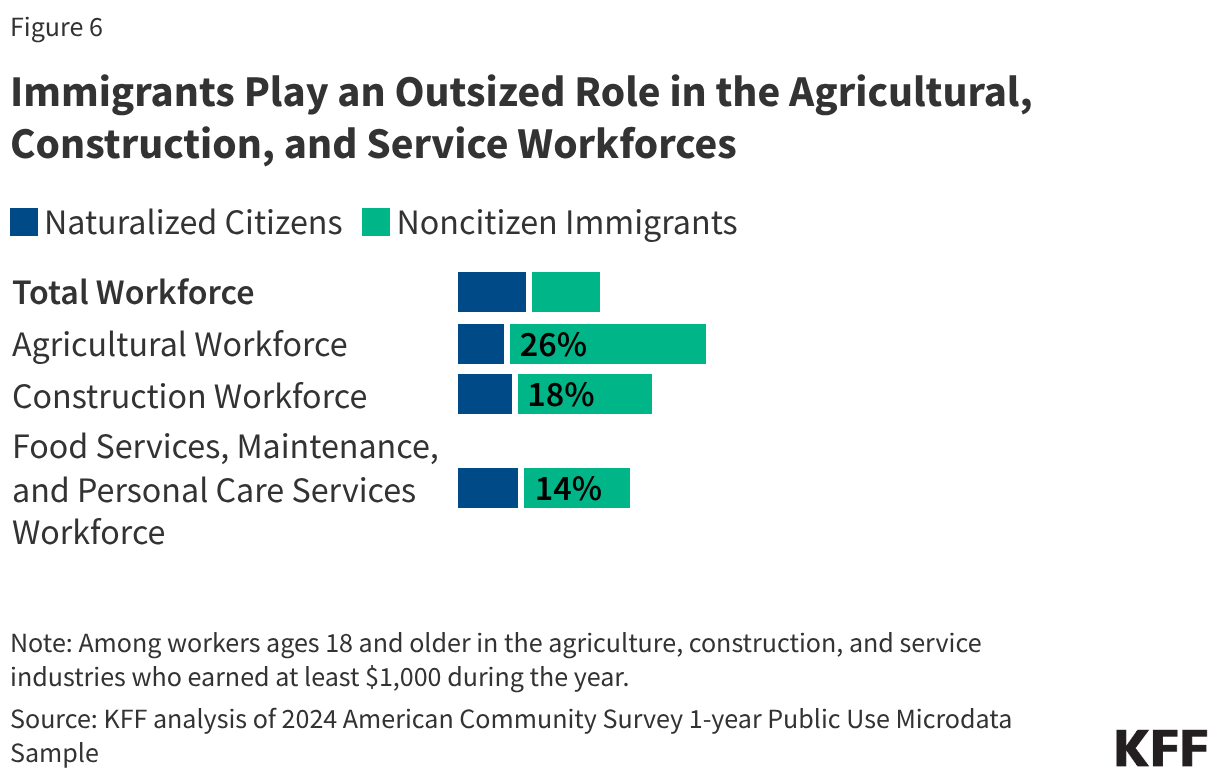 Immigrants Play an Outsized Role in the Agricultural, Construction, and Service Workforces (Stacked Bars)