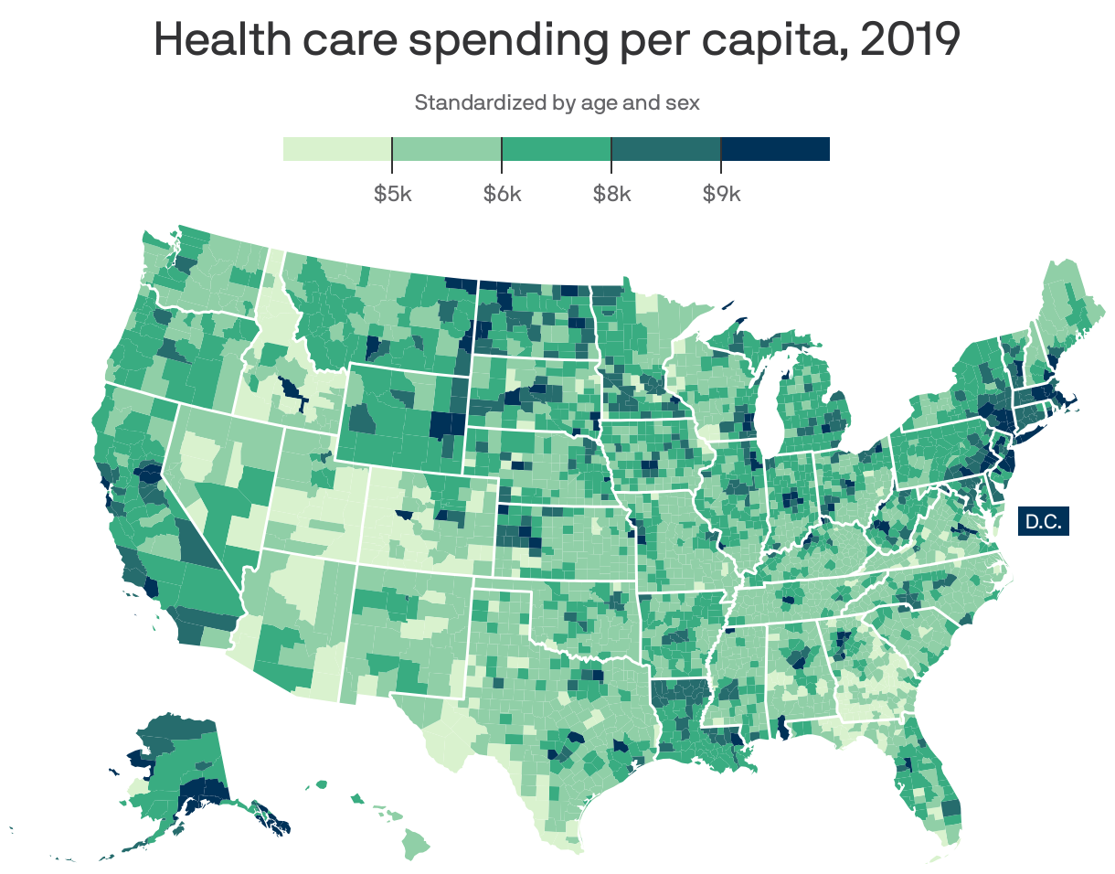 A choropleth map of the U.S. showing average health care spending per capita by county in 2019. Nassau County, New York leads at about $13.3k, while Clark County, Iowa trails at about $3.4k.