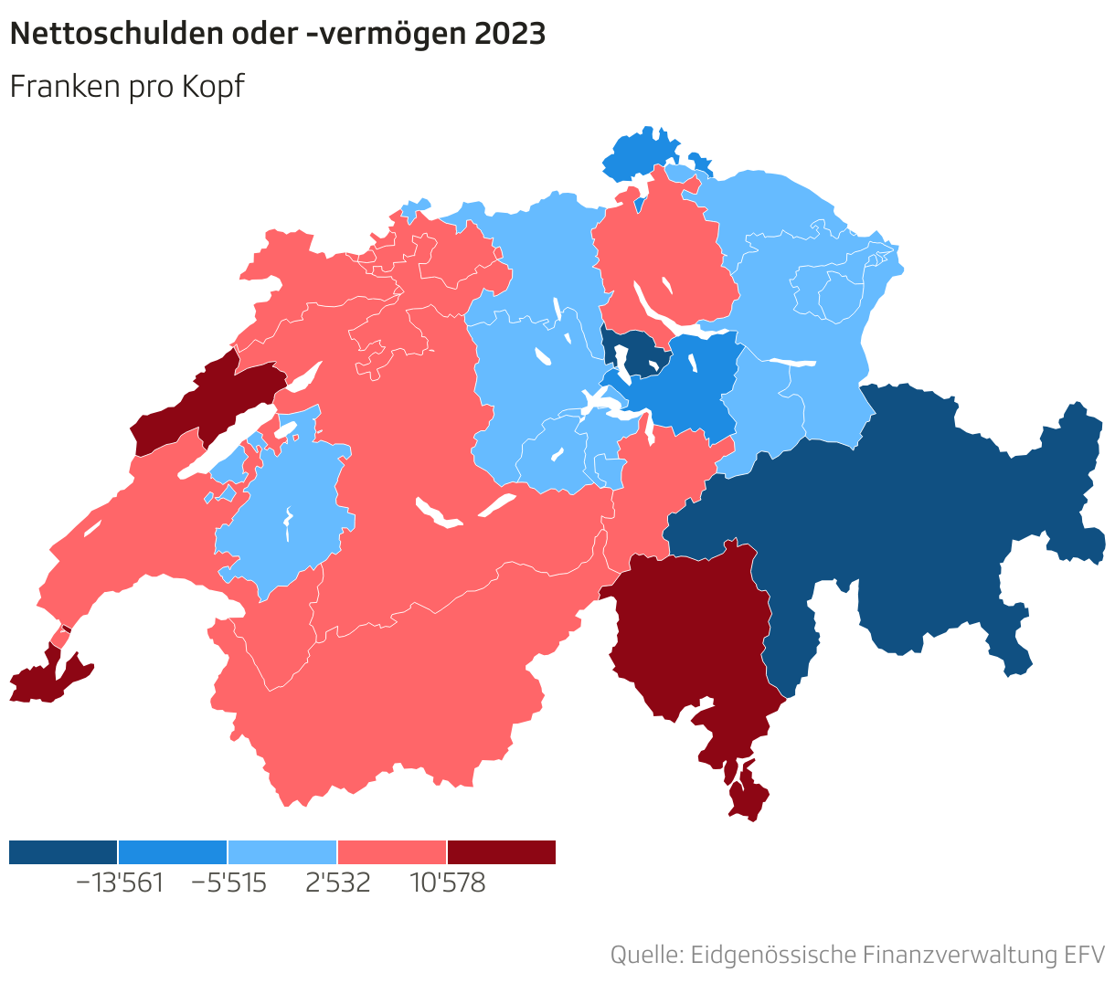 Nettoschulden oder -vermögen 2023 (Choroplethen-Karte)