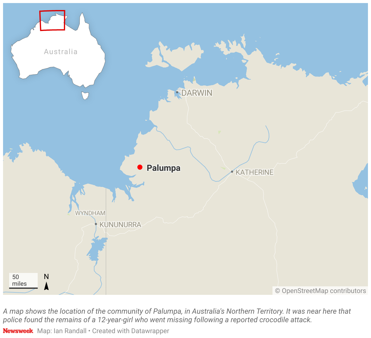 A map shows the location of the township of Palumpa in the Northern Territory of Australia.