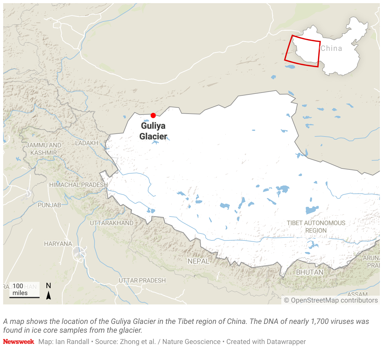 The map shows the location of the Guliya Glacier in the Tibetan region of China.