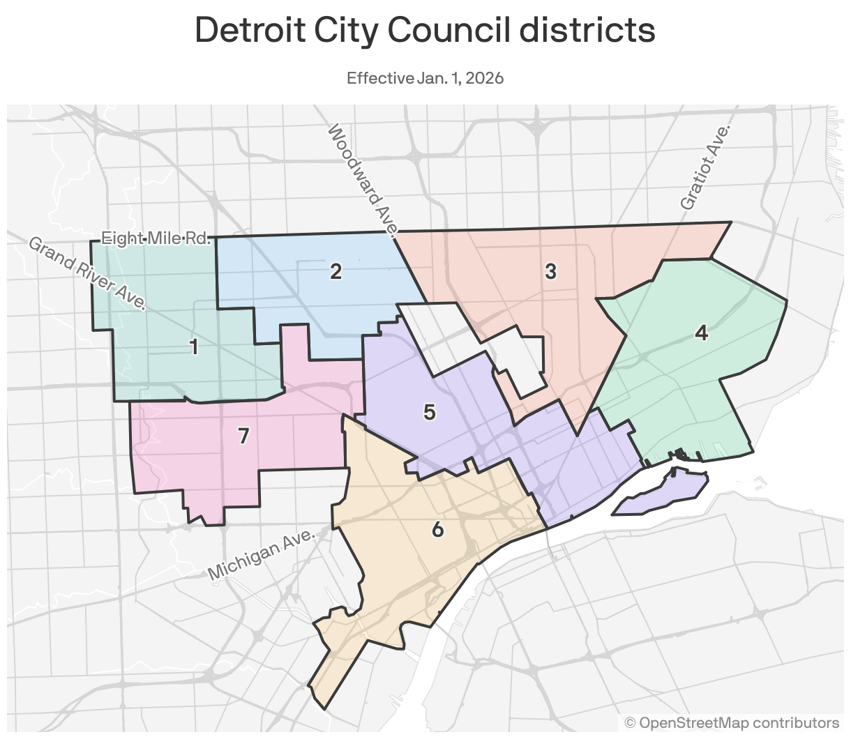 A map showing the boundaries of Detroit's seven city council districts effective January 1, 2026.