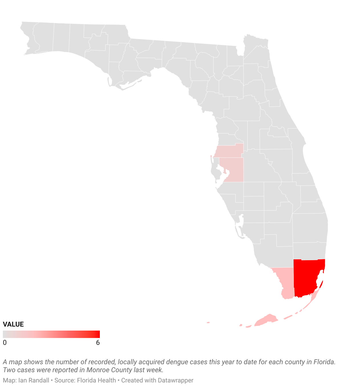 The map shows the number of locally acquired dengue cases recorded in each Florida county so far this year.