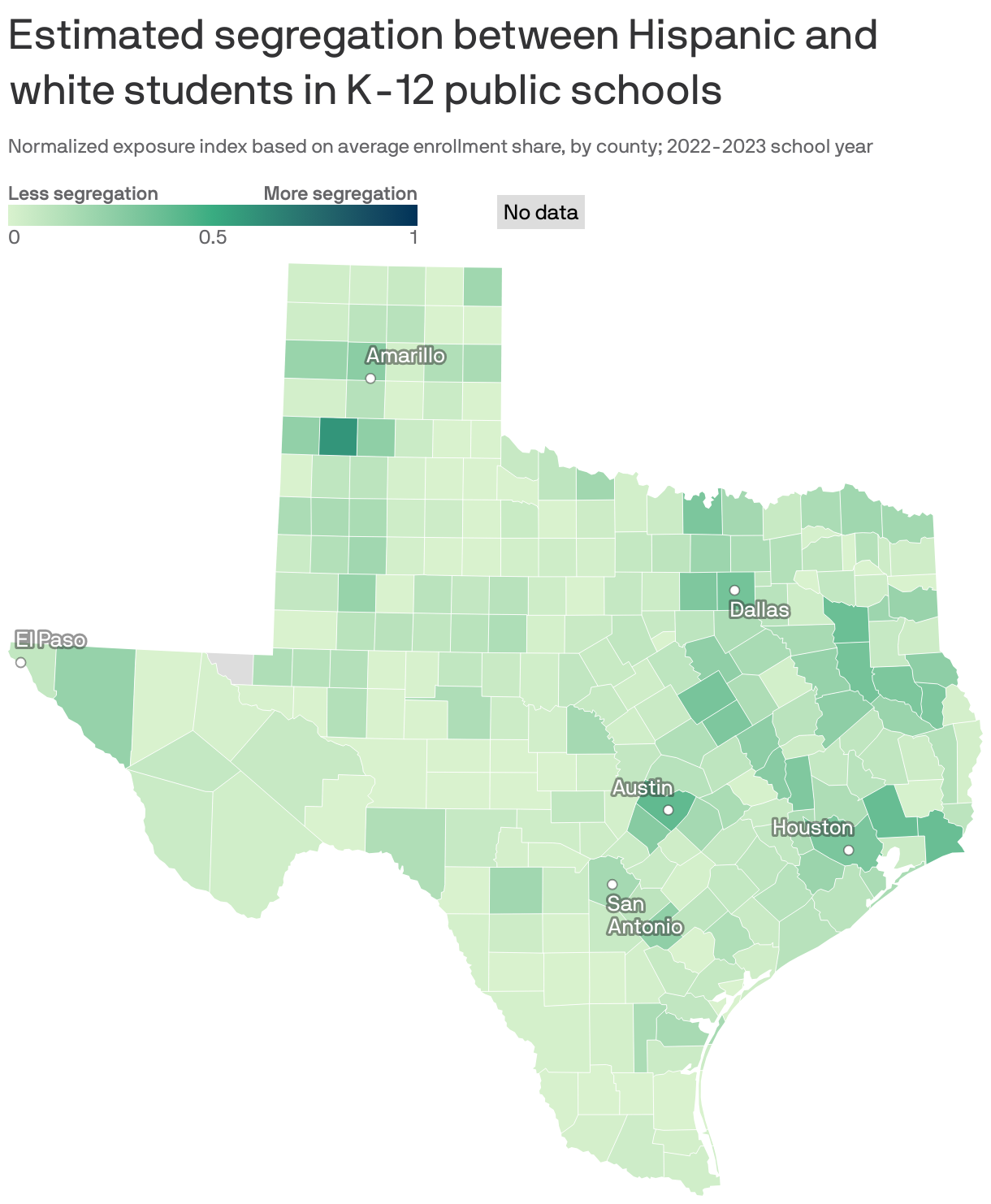 Choropleth map of Texas counties showing the estimated level of segregation between Hispanic and white students in K-12 public schools. Castro County in northern Texas had the highest segregation, with an index value of 0.59 out of 1. Counties in the eastern part of the state tended to have higher segregation than counties in the south.