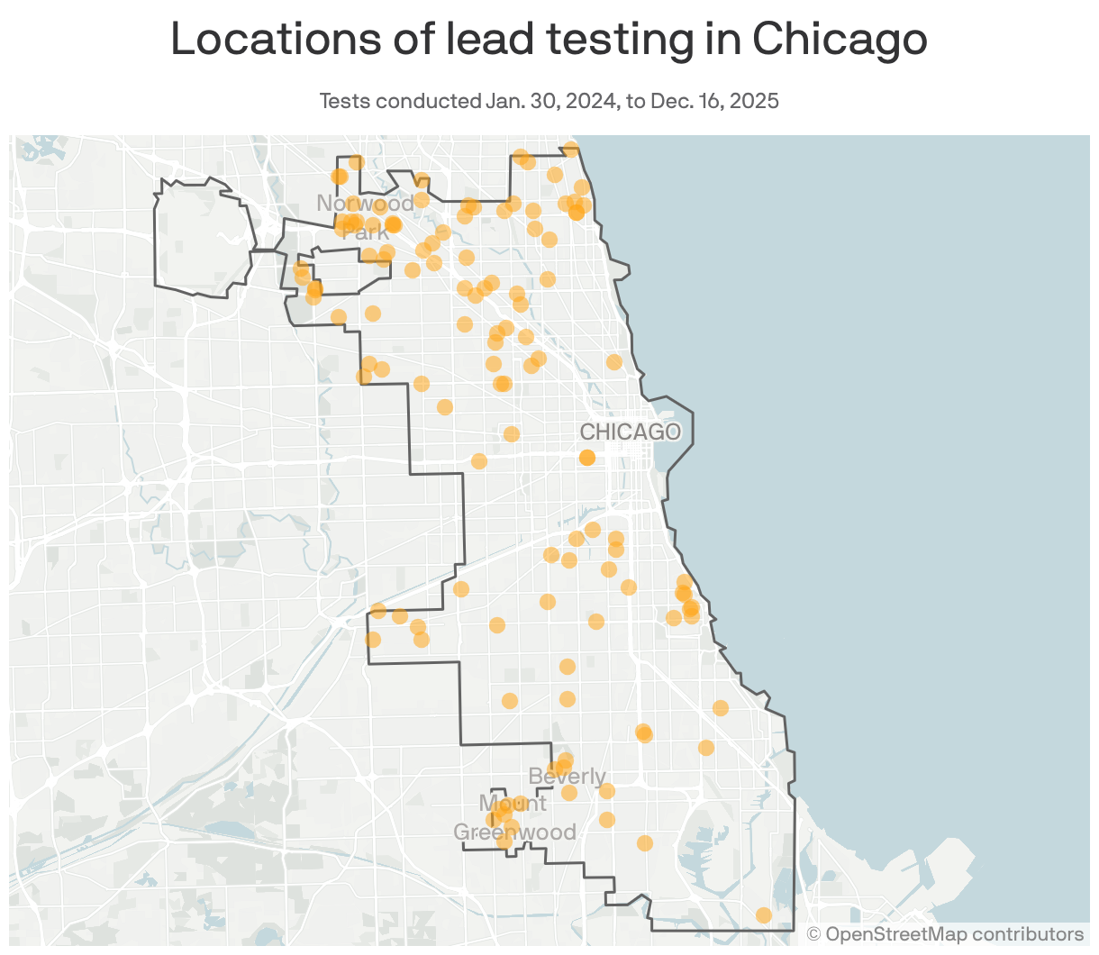 A map of the 123 locations where lead testing was conducted in Chicago from January 30, 2024, to December 16, 2025. Tests are concentrated in the northwestern and southwest parts of the city.