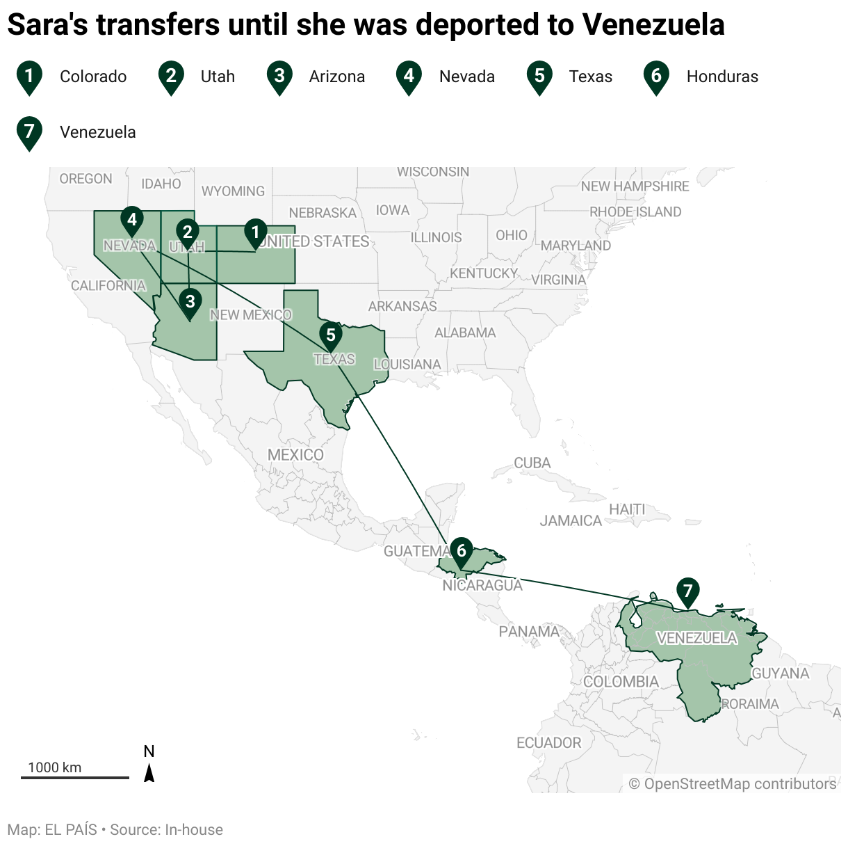 Sara's transfers until she was deported to Venezuela (Locator map)