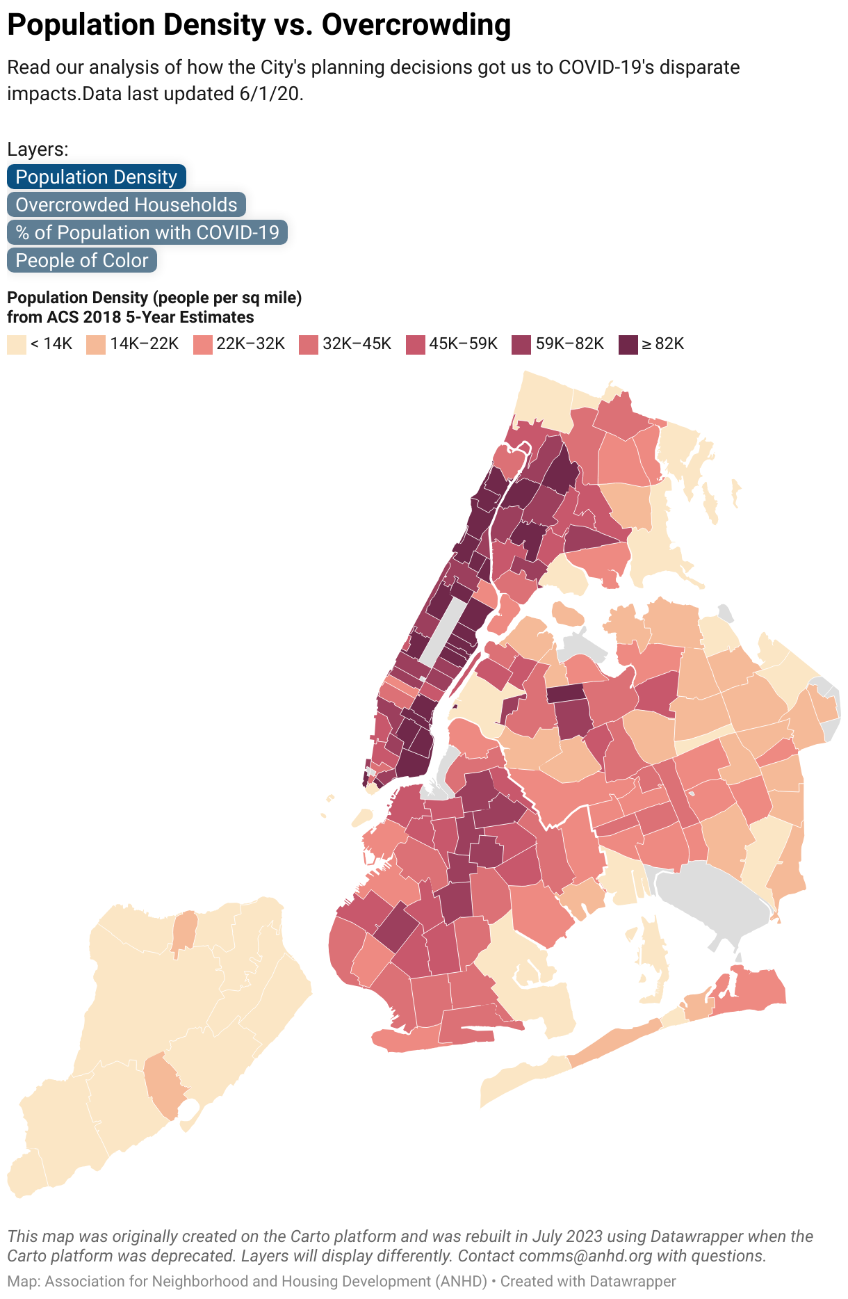 Map of population density by zip code in New York City, data as of 2018