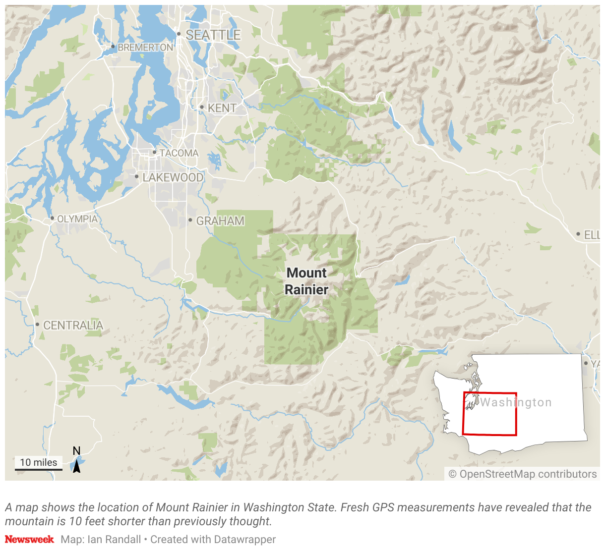 El mapa muestra la ubicación del Monte Rainier en el estado de Washington.