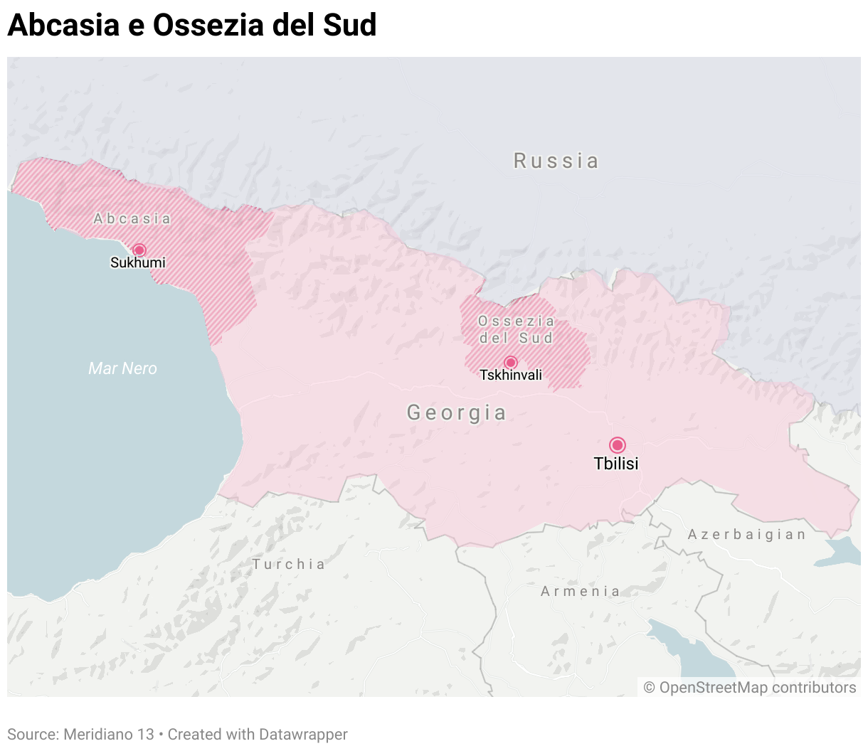 La posizione dell'Abcasia e dell'Ossezia del Sud, le due repubbliche de facto in Georgia.